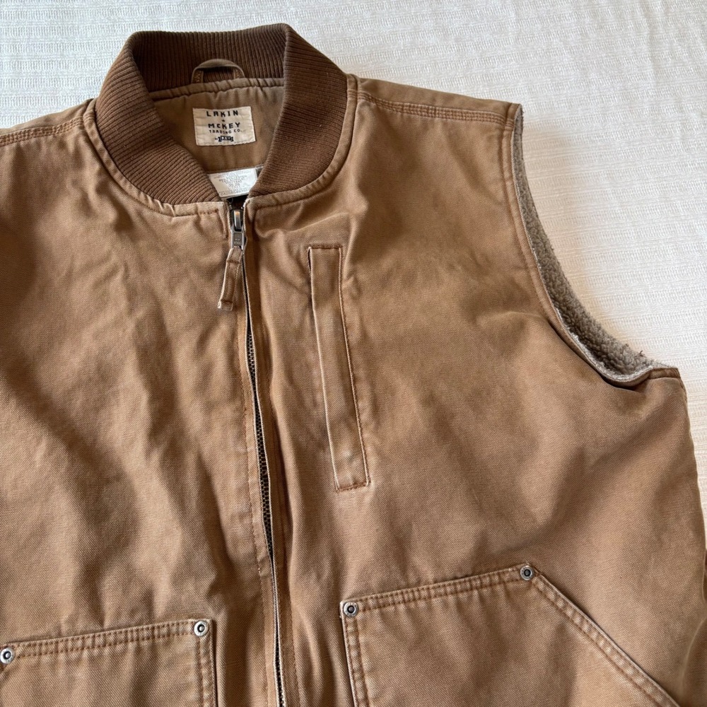 Lakin McKey Trading Co Mens Canvas Workwear‎ Vest Brown Sherpa Lined Full Zip L